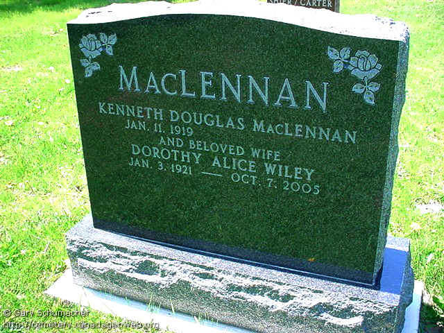 Photo of headstones/Kenneth Douglas MacLennan bn1919 hdstn Kintail Huron Co ON